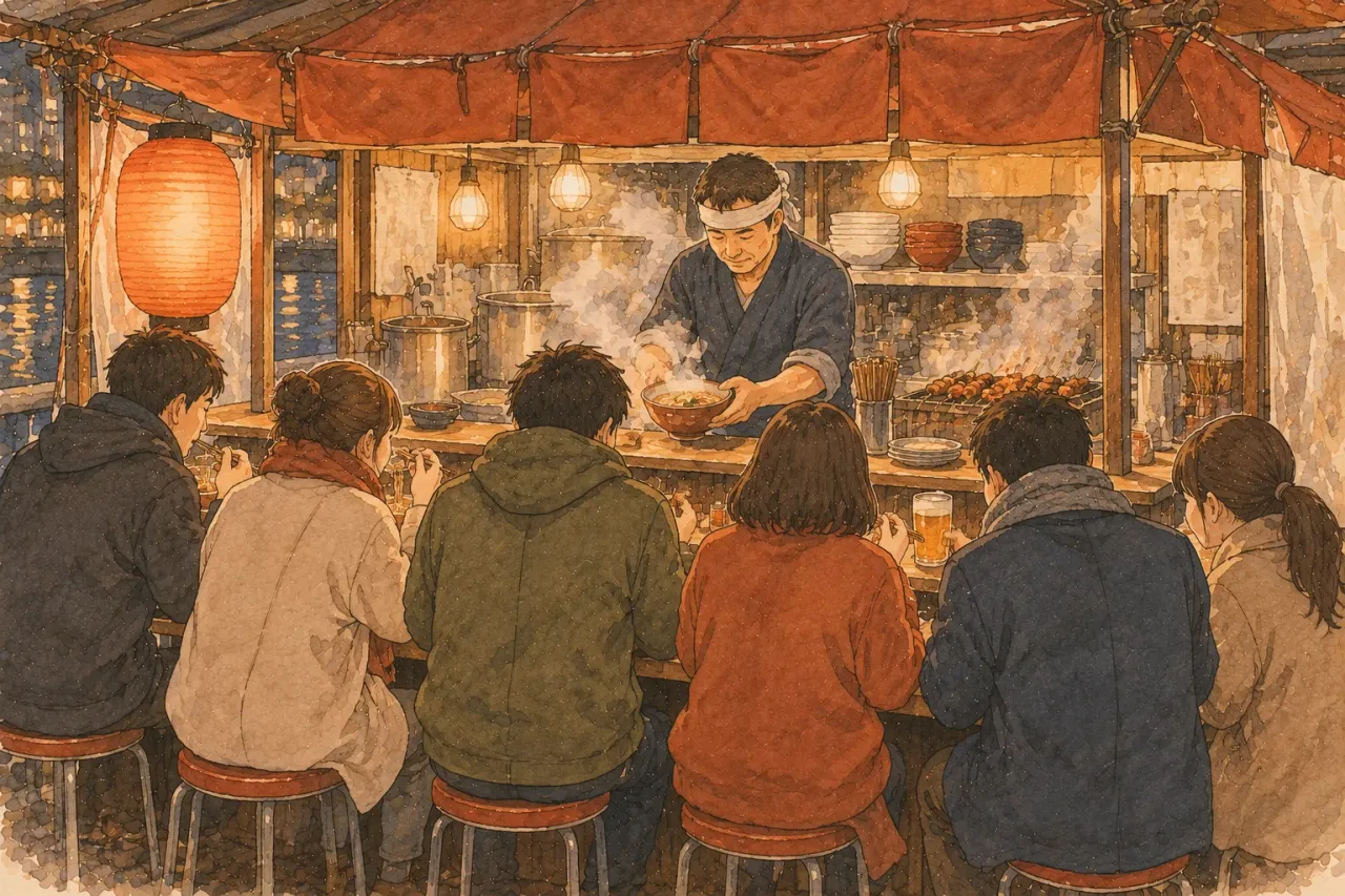 Customers in coats shoulder to shoulder on stools at a stall counter, the cook serving a bowl