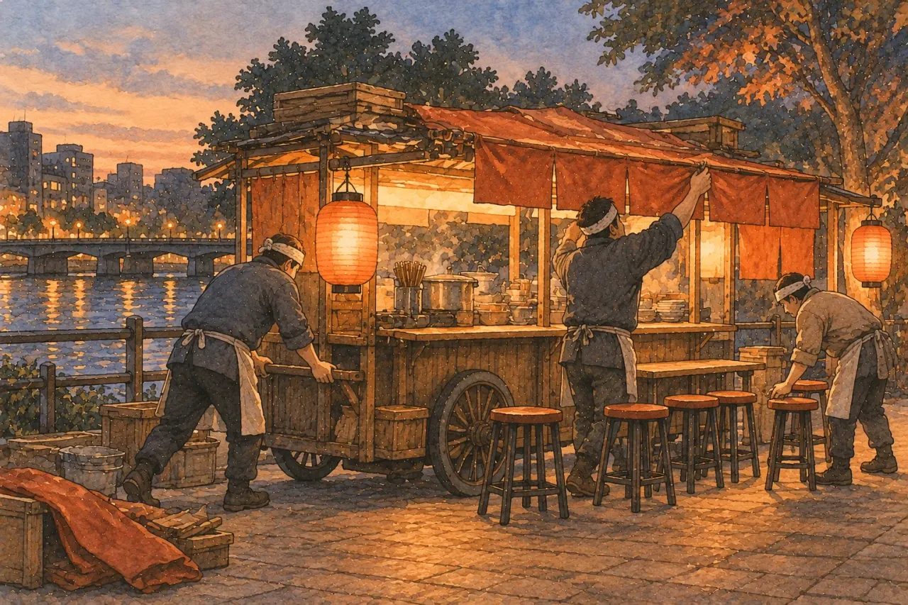 Stall keepers wheeling a cart into place at dusk, unfolding the awning and setting out stools by the river