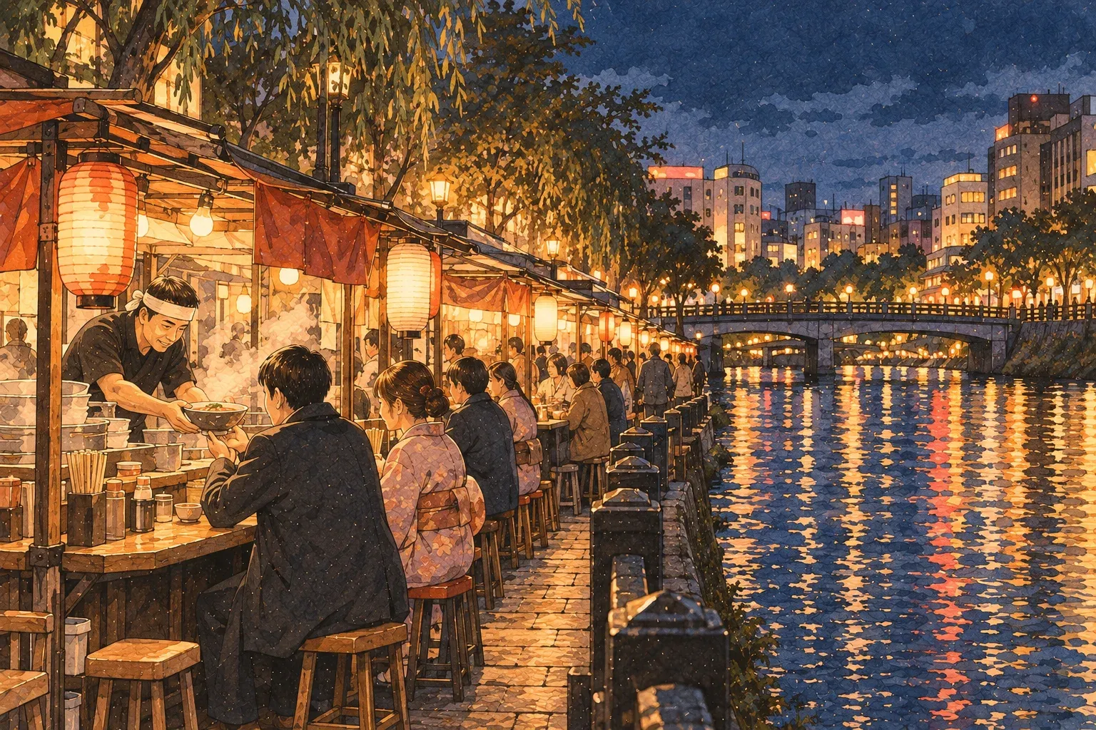 Illustration of a row of food stalls along a river at night, lanterns reflected in the water, a bridge and city lights behind