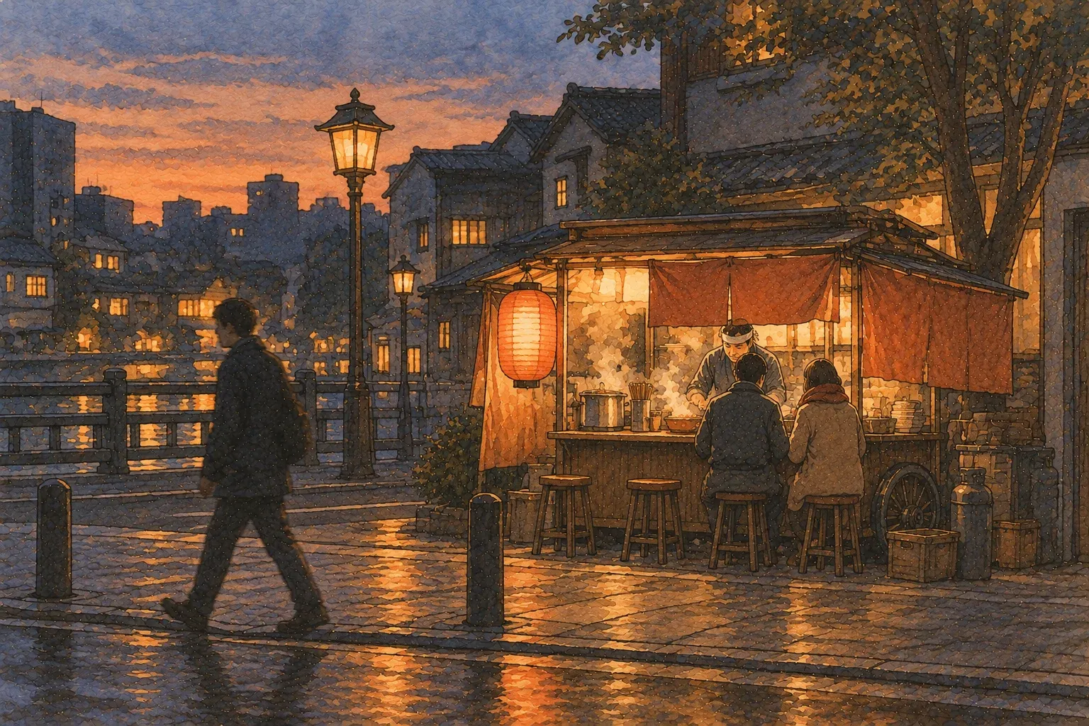 Illustration of a single food stall with a red lantern on a riverside street at dusk, a few customers on stools