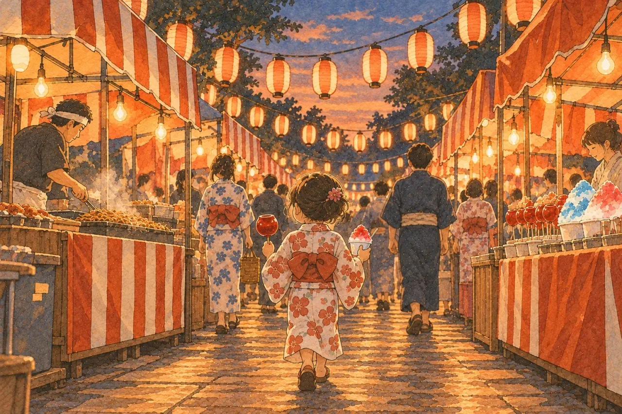 A child in a yukata walking between festival stalls holding a candied apple and a cup of shaved ice, lanterns overhead
