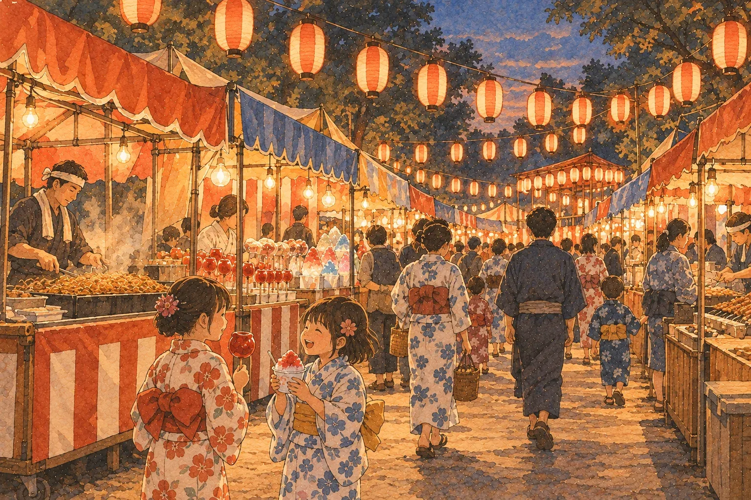 Illustration of a summer festival lane of food stalls under strings of lanterns, children in yukata holding candied apples and shaved ice