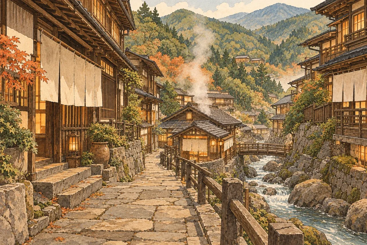 A stone-paved lane of wooden inns stepping down beside a mountain stream, steam rising