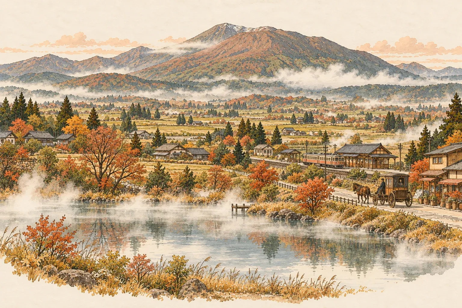 Illustration of morning mist over a pond in a basin town in autumn, a two-peaked mountain behind