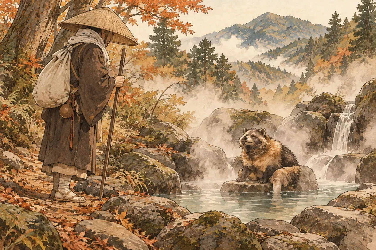 A travelling monk watching a tanuki resting in a steaming spring among rocks
