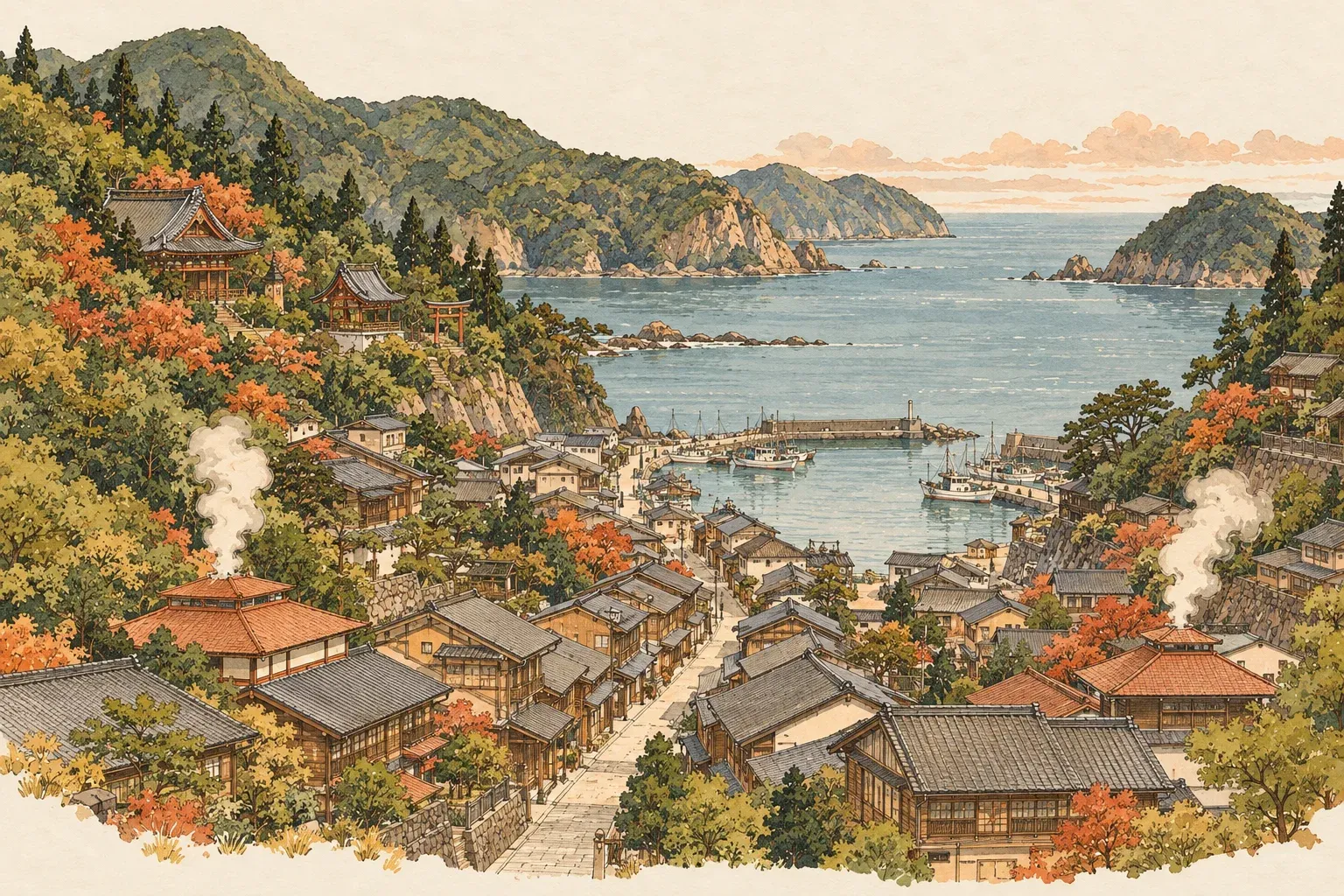 Illustration of a small port town of red-tiled roofs in a narrow bay, wooded headlands around it